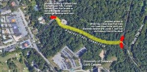 diagram on satellite photo showing proposed trail connector