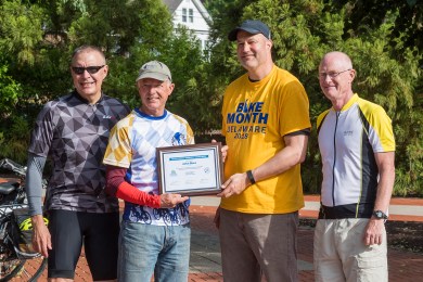 photo of Bicycle Friendly Community Leader Award presentation (photo by Kathy Atkinson, courtesy of UD)