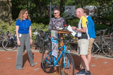 photo of bicycle giveaway winner Mary Ellen Gray (photo by Kathy Atkinson, courtesy of UD)