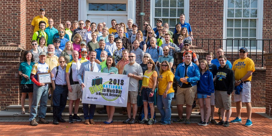 photo of 2018 Bike to Work Day participants (photo by Kathy Atkinson, courtesy of UD)
