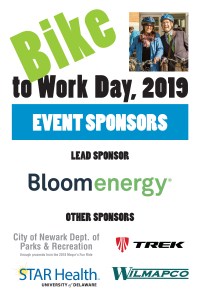 Bike to Work Day event sponsors: Bloom Energy, City of Newark Dept. of Parks & Recreation, Trek Bicycle Newark, STAR Health, and WILMAPCO