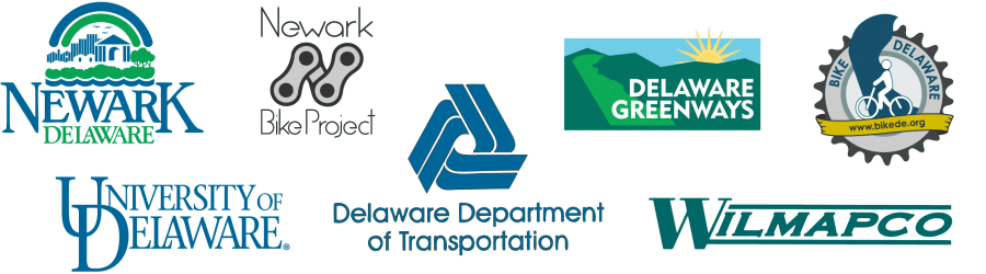 logos of City of Newark, UD, Newark Bike Project, DelDOT, Delaware Greenways, WILMAPCO, and Bike Delaware