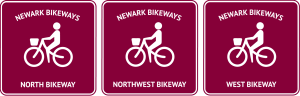 graphic of North, Northwest, and West Bikeways signs