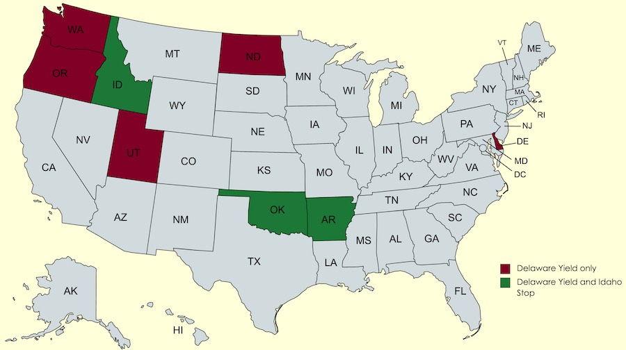 map of ”Delaware Yield” and “Idaho Stop” states