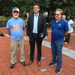 photo of Bob McBride, County Executive Matt Meyer, and Mayor Stu Markham