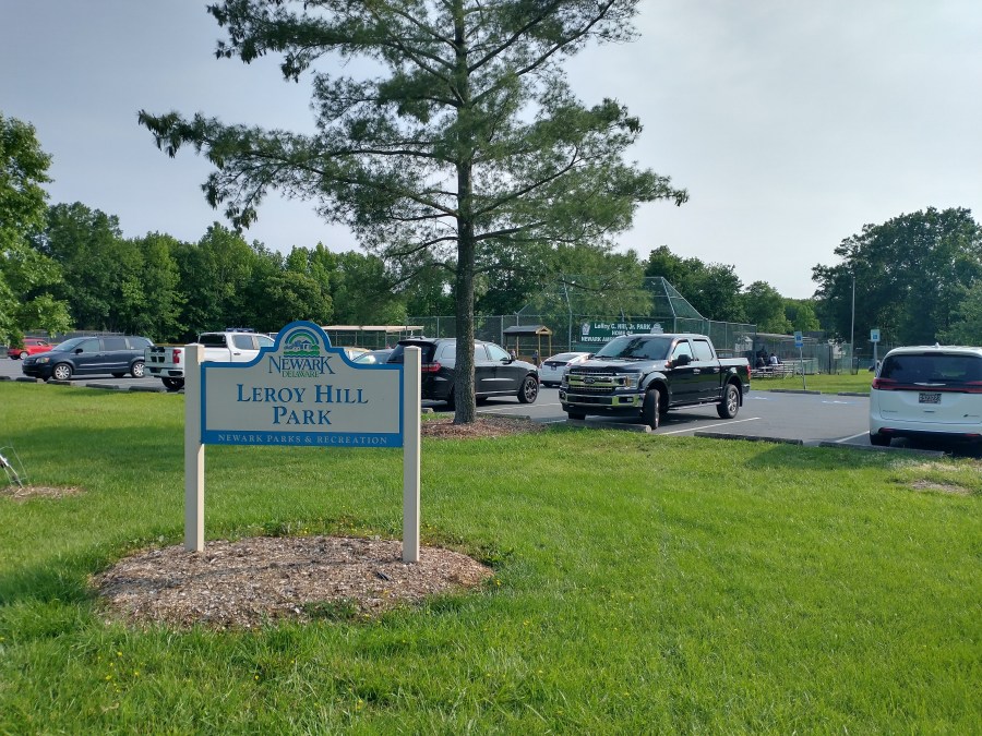 Leroy C. Hill Park. The City of Newark sign says Leroy Hill Park. A Little League banner says LeRoy C. Hill, Jr. Park.